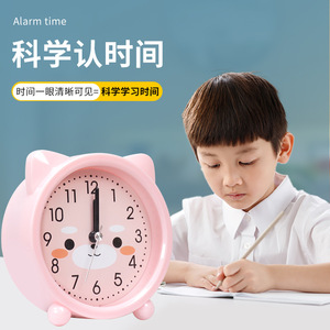 Réveil éducatif pour enfants, design lapin et chat de dessin animé, horloge de bureau silencieuse pour chambre d'enfant, usage scolaire, bleu violet - Product Image 3