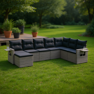 Set Divano da Giardino Grigio 6 Posti in Rattan, Arredamento da Esterno Resistente alle Intemperie, Design Contemporaneo - Product Image 2