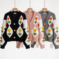 Cardigan en tricot à col en V pour femme, motif losanges, broderie florale 3D tulipe, coupe courte, style vintage doux, printemps