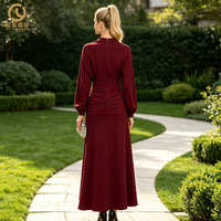 Robe longue de soirée formelle drapée bordeaux pour femme, col montant, manches froncées à la taille, disponible en grandes tailles, personnalisable, OEM