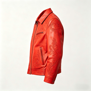 Giacca in Pelle da Uomo <span class=keywords><strong>di</strong></span> Alta Qualità, Motivo Goffrato e Ricamato, Giacca Rossa in Vera Pelle, Taglie Grandi Disponibili - Product Image 3