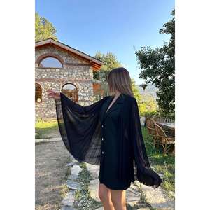 Robe blazer en satin noir à manches plissées, longueur entière, style veste pour femme - Product Image 6