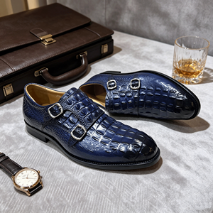 Chaussures habillées pour hommes à double boucle, en cuir véritable motif crocodile, <span class=keywords><strong>bleu</strong></span> <span class=keywords><strong>marine</strong></span>, pour <span class=keywords><strong>mariage</strong></span> et bureau - Product Image 1