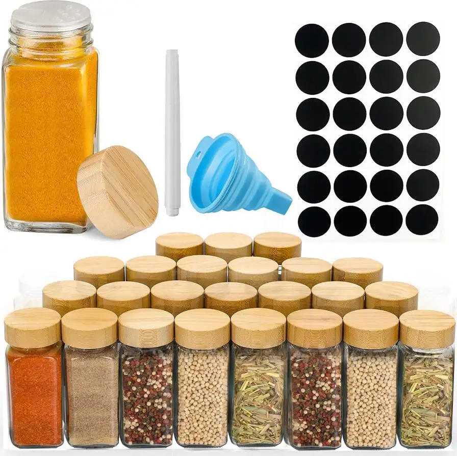 24Pcs Set 120ml Bouteilles à épices carrées Pot à condiments 4oz Bocaux à épices en verre Bouteilles avec couvercles en bambou