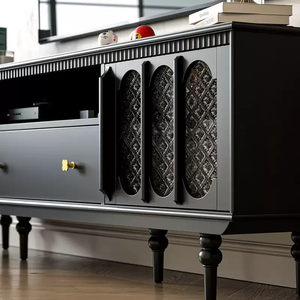 Meuble TV vintage en bois massif noir avec porte en rotin tressé, tiroirs de <span class=keywords><strong>rangement</strong></span>, console multimédia, meuble classique pour salon - Product Image 3