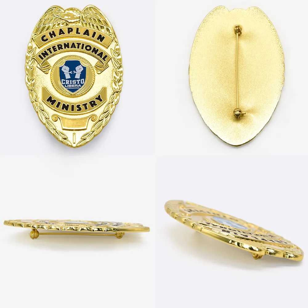 Fabricante de insignias de metal personalizado en relieve, esmalte 3d, chapado en oro, insignia de seguridad de detectives con su propio diseño