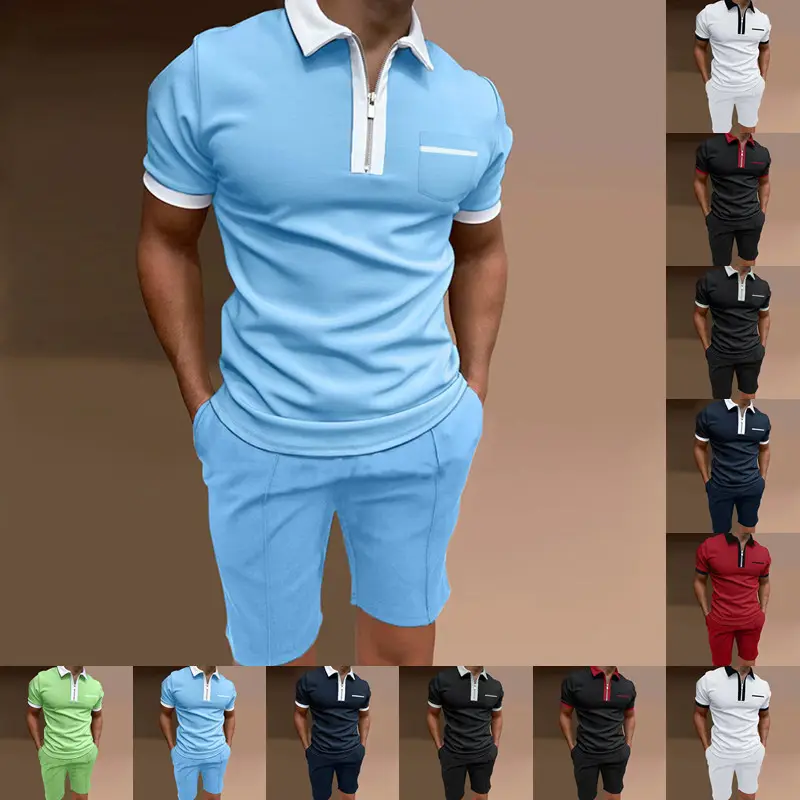 Men Two Piece Sets Custom Summer Men's Clothing Lapel Fashion Slim Pocket Men's T-shirt Polo Shirt Sports Suit Summer Short Set
