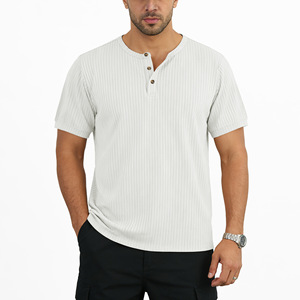 Men's Ribbed <b>Henley</b> T-Shirt <b>Short</b> <b>Sleeve</b> Regular Fit 100% Cotton Knitted Breathable Casual Wear - Product Image 2