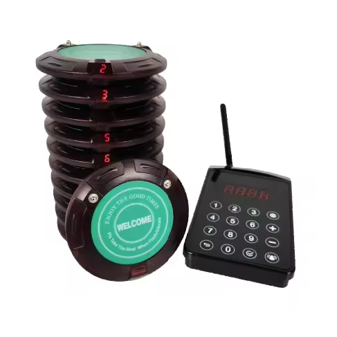 938 Free Logo Wireless Waterproof Vibrating ABS Material 433MHz 500m Range Coaster Table Calling Pager System Cafe Restaurant