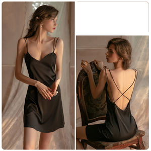 Camisón de seda sexy para mujer, camisón de seda con cuello en V, camisón de seda sin espalda para verano - Product Image 1
