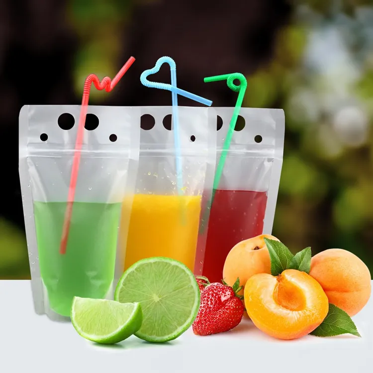 Aangepaste Clear Water Vloeibaar Voedsel Drank Verpakking Biologisch Afbreekbaar Plastic Sap Drinken Zakken Zakken Met Stro Gat