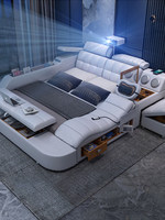 Lit Tatami Moderne Intelligent et Minimaliste en Cuir avec Massage Électrique, Projecteur et Armoire de Rangement Multifonction Tout-en-un Combo Plus