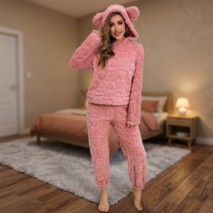 Ensemble de pyjama décontracté rose en jacquard pour femme, manches longues, motif cœur carré, en velours doux et polaire, avec capuche à oreilles et taille élastique - Product Image 2
