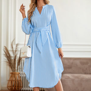 Robes à volants à col en V rayées à la mode, nouvelle collection automne-hiver, vente en gros personnalisée - Product Image 6