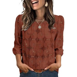 Blusa de encaje para mujer, manga 3/4, estampado floral, top informal, color caramelo, uso diario - Product Image 1