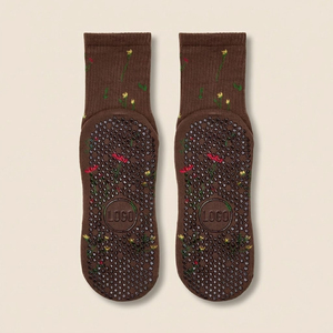 Custom Floral Embroidered Non-Slip Crew <b>Socks</b> with Full-Sole Silicone Grip Dots Cotton Blend Yoga Pilates Barre Gripper - Product Image 3