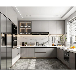 Meubles de cuisine d'appartement au design moderne, armoires de cuisine sur mesure avec finition laquée, ensemble d'armoires de cuisine en bois à haute brillance - Product Image 3