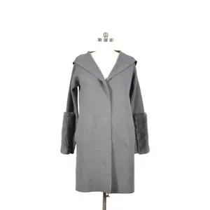 Custom Fashion Design Hooded Wool Blending Soft Warm Gray Winter Long Trench Coat Women