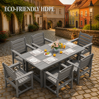 Table de jardin moderne en plastique recyclé et 6 fauteuils gris imitation bois, résistants à l'eau, garantie 5 ans pour pelouse et terrasse