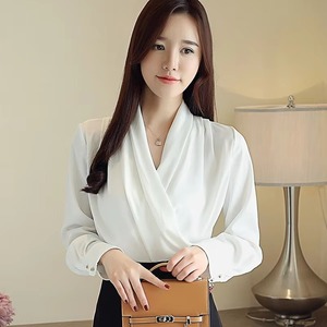 Kemeja Hitam Lengan Panjang Wanita Kerah V Atasan Blus Solid Wanita Kemeja Kantor Wanita - Product Image 2