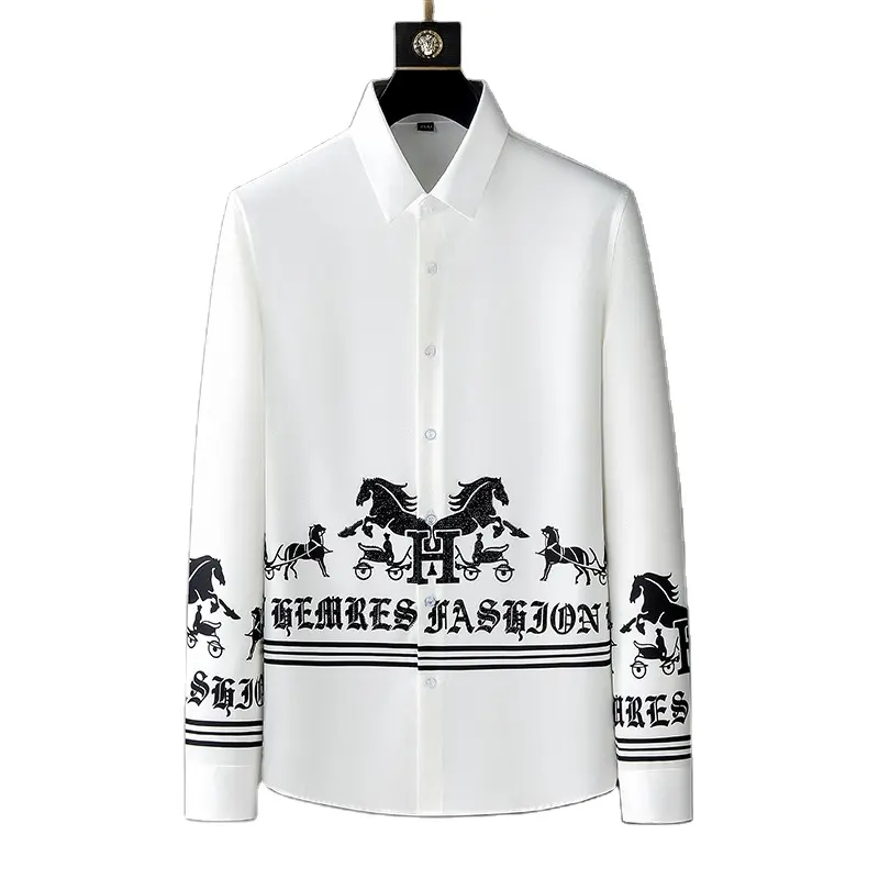 가을 3D 레오파드 꽃 프린트 셔츠 남성 슬림 긴 소매 캐주얼 셔츠 하이 퀄리티 비즈니스 연회 소셜 원피스 셔츠