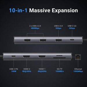 แท่น USB แบบ10 in 1 4K 60Hz 8K30Hz เดี่ยว100W PD 5Gbps พร้อมกิกะบิตอีเธอร์เน็ตที่มีอยู่ - Product Image 2