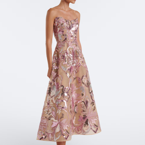 <span class=keywords><strong>Robe</strong></span> de soirée <span class=keywords><strong>cocktail</strong></span> sans bretelles, coupe mi-<span class=keywords><strong>longue</strong></span>, en tulle à sequins floraux 3D, jupe trapèze en maille nude, tenue de soirée formelle - Product Image 1