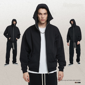 Sweat à capuche unisexe ample doublé en coton, imprimé sérigraphié, avec logo frontal personnalisé, délavé à l'acide, entièrement uni, à fermeture éclair, pour l'hiver - Product Image 3