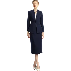 प्लस आकार कारखाने गुणवत्ता नौसेना ब्लू लेडी Collarless महिलाओं मिडी स्कर्ट सूट महिला व्यापार दो पीस सूट