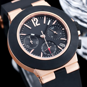 Bold Cushion <b>Case</b> Dual Time Zone Chronograph Automatic <b>Watch</b> Black Dial Rubber Strap Water Resistant - Product Image 5
