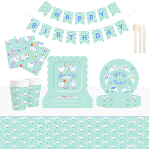 Decoración para Fiesta Temática de Animales DAMAI, Platos, Vasos y Servilletas Desechables de Papel Azul Ácido con Diseño de Conejo y Pollo, Juego de Vajilla - Product Image 1