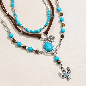 Conjunto de Collar de Moda Retro Étnico Personalizado para Mujer, con Clip de Papel, Cuero Marrón de Gamuza, Aleación Turquesa, Concha, Cactus, Joyería Occidental - Product Image 1