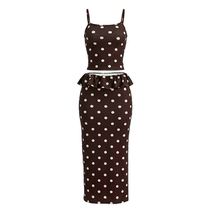 Viviblook Y26ST248 Women Summer Skirt Set New Polka Dot Sexy Sleeveless <b>Suspender</b> Tank Top Split Maxi Skirt Two Piece Set - Product Image 5