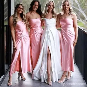New Arrival Strapless Spaghetti Strap Sheath Bridesmaid Dresses Ankle Length Wedding Guest Dress