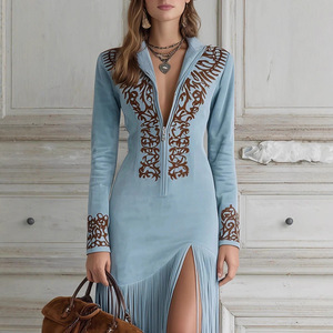 Abito da Donna in Stile Western Retrò Etnico per l'Autunno - Tessuto in Camoscio con Frange e <span class=keywords><strong>Stampa</strong></span> Floreale Asimmetrica - Product Image 3