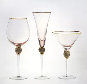 Top quality gold rimed wine glass with diamond Crystal Wedding Gold Rim Wine Glass Diamond Studded Red Wine Martini Glasses