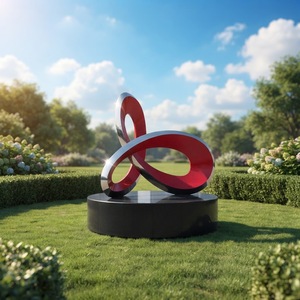 Grande sculpture abstraite en acier inoxydable poli miroir, art moderne extérieur, boucle de ruban rouge, décoration de jardin et de place publique, personnalisable - Product Image 5