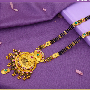 24K Gold Beaded Mangalsutra Necklace With Zircon Stones Ethnic Wedding Jewelry For Women <b>Black</b> Bead <b>Chain</b> Design - Product Image 1