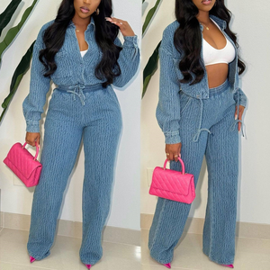 51025 Trendy Fall Women Jacket Outfits Stretch Cotton Denim <strong>Crop</strong> Jacket and Jeans Matching Sets Two Piece Jeans Denim Set Women - Product Image 2