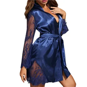 Popular style fashion design sexy lace long sleeve navy silk robes bathrobes women