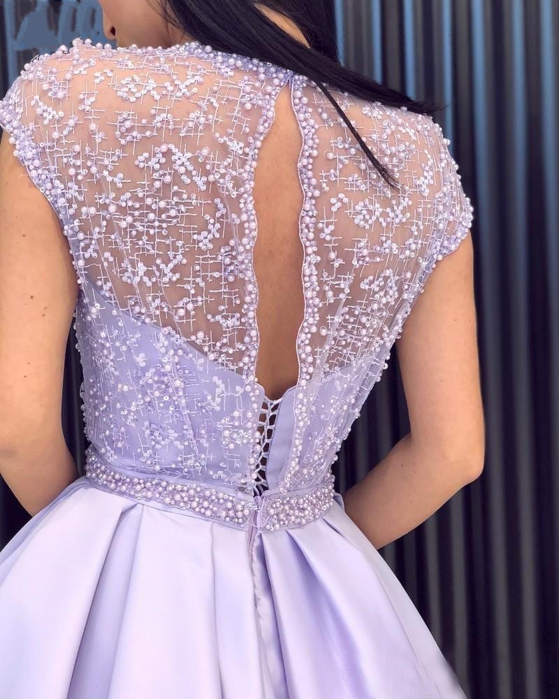 knee length dresses for ladies Lavender Lace Applique Floral Prom Dresses Removable Overskirt Sheer Bodice 24364 Lavender / 18w