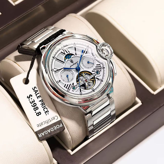 Poedagar 1413 Luxury Hollow Tourbillon Automatic Mechanical Watch Waterproof Luminous Stainless Steel Watch for Men