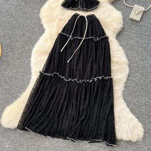 ชุดเซ็ต 2 ชิ้น เสื้อชีฟองคอวีผูกคอโชว์หลัง เซ็กซี่สำหรับผู้หญิง กระโปรงทรงเอวสูงพลิ้วไหว ชุดแฟชั่นสำหรับวันพักผ่อน - Product Image 5