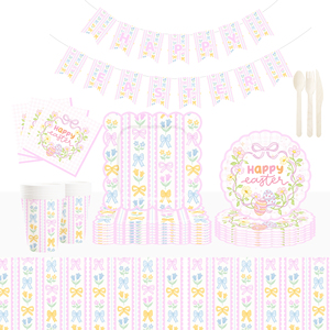 DAMAI HAPPY <b>EASTER</b> Party Supplies Pastel Bow Themed Tableware Set for Scalloped Paper Plates and <b>Cups</b> Napkins Sets - Product Image 1