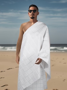 Lot de 2 serviettes musulmanes blanches pour hommes – en fibre de polyester épaissie, châle de prière arabe traditionnel avec détails à pompons et élégant - Product Image 1