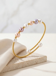18K Gold Plated Freshwater Pearl Cuff Bracelet Multi-Tone Minimalist Handcrafted Open <b>Bangle</b> Elegant Jewelry Gift for Women - Product Image 6