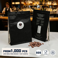 Sachet personnalisé noir mat pour café et aliments pour animaux avec valve de dégazage, languette facile à décoller, scellé sur huit côtés, en PET