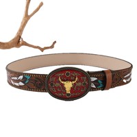 Ceinture de cowboy western avec boucle en alliage tête de taureau, motif à pois, design tendance rétro unisexe punk en relief, largeur 3,8 cm, 100-120 cm