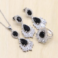 Bijoux de mariée en argent avec Zircon noir, ensemble de boucles d'oreilles, bagues/pendentif/collier/Bracelets pour femmes, boîte cadeau gratuite