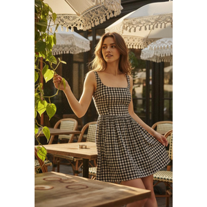 Vestido Mini <span class=keywords><strong>de</strong></span> Verano para Mujer, Estilo Vintage, Cuadros Negros, Cuello Cuadrado, Sin Mangas, Línea A, Informal, para Picnic - Product Image 5